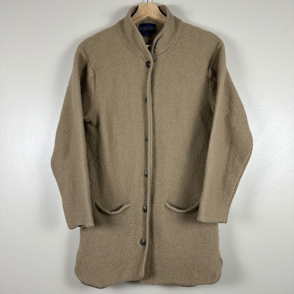 Vintage Herman Geist Women's L Cardigan Tan Boiled Wool Ornate Button Mock Neck